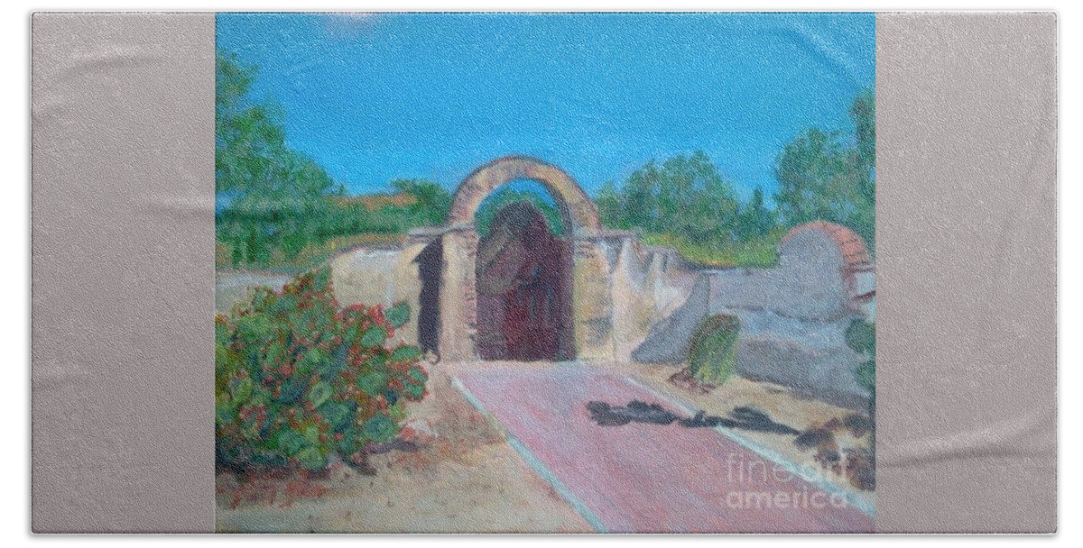 Mission Hand Towel featuring the painting California San Miguel Mission Garden Gate by Joel Charles
