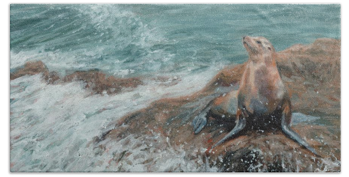 Sea Lion Bath Towel featuring the painting Californian Sea Lion by David Stribbling