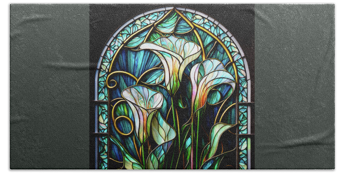 Calla Lilies Bath Towel featuring the digital art Calla Lilies - Stained Glass Window by Peggy Collins