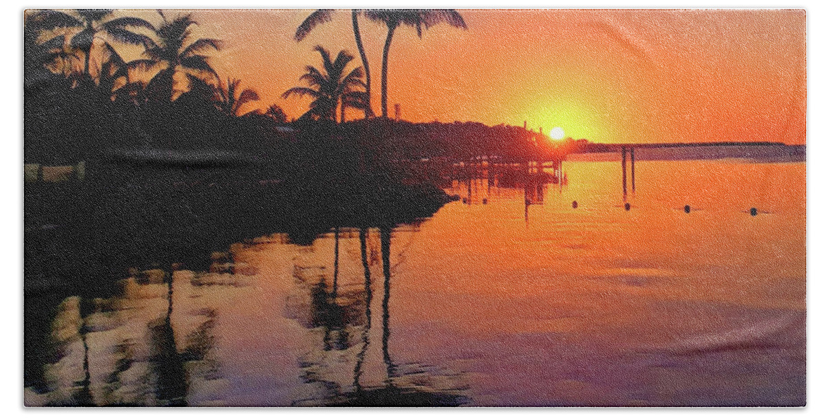 Islamorada Calm Carefree Golden Orange Glow Sunset Violet Reflections Dock Boat Water Peace Serenity Happiness Sky Palm Trees Reflections Eileen Kelly Artistic Aftermath Live Love Light Horizon Hope Art Artist Wall Canvas Prints Bath Towel featuring the digital art Calm Carefree Reflections by Eileen Kelly