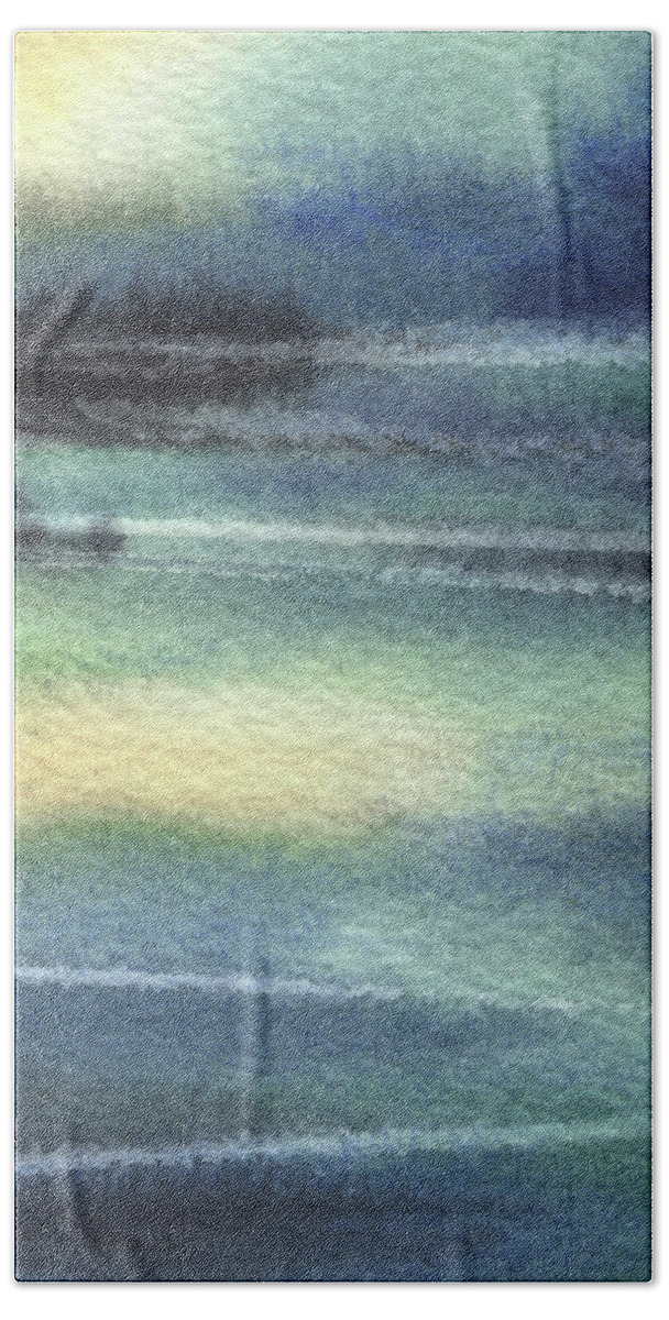 Calm Abstract Bath Towel featuring the painting Calm Meditative Landscape Water Reflections Beach Art Contemporary Cool Watercolor Palette II by Irina Sztukowski