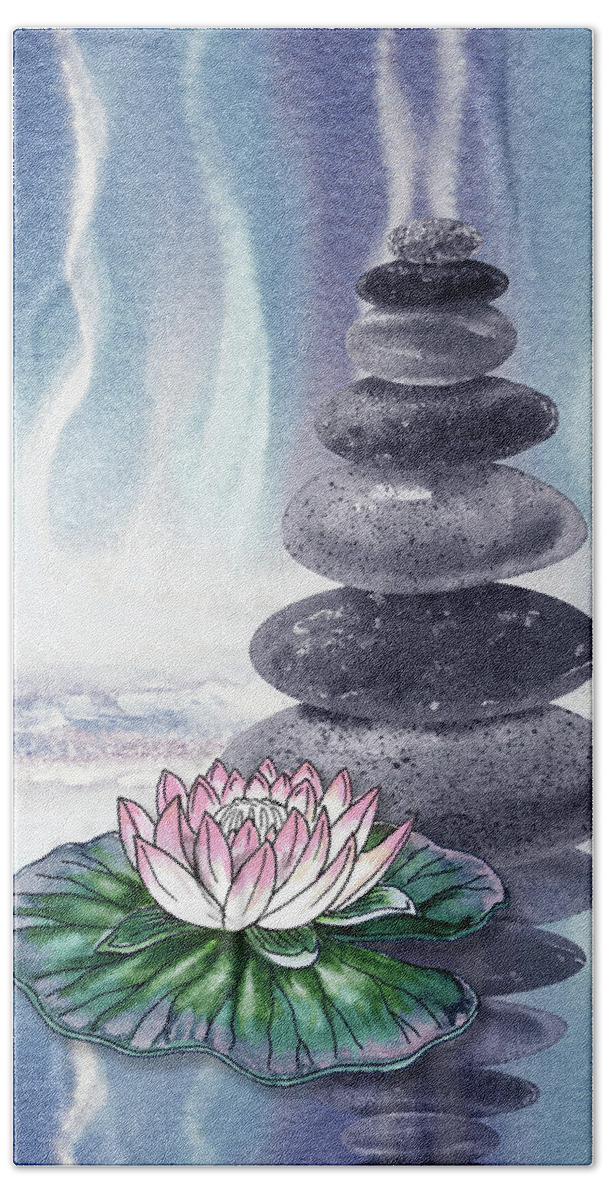 Zen Rocks Bath Towel featuring the painting Calm Peaceful Relaxing Zen Rocks Cairn With Flower Meditative Spa Collection Watercolor Art VIII by Irina Sztukowski