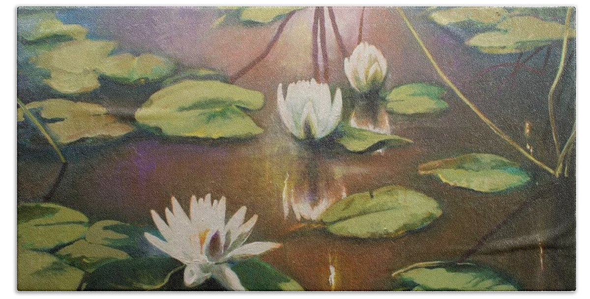 Lin Petershagen Bath Towel featuring the painting Calming Pond by Lin Petershagen