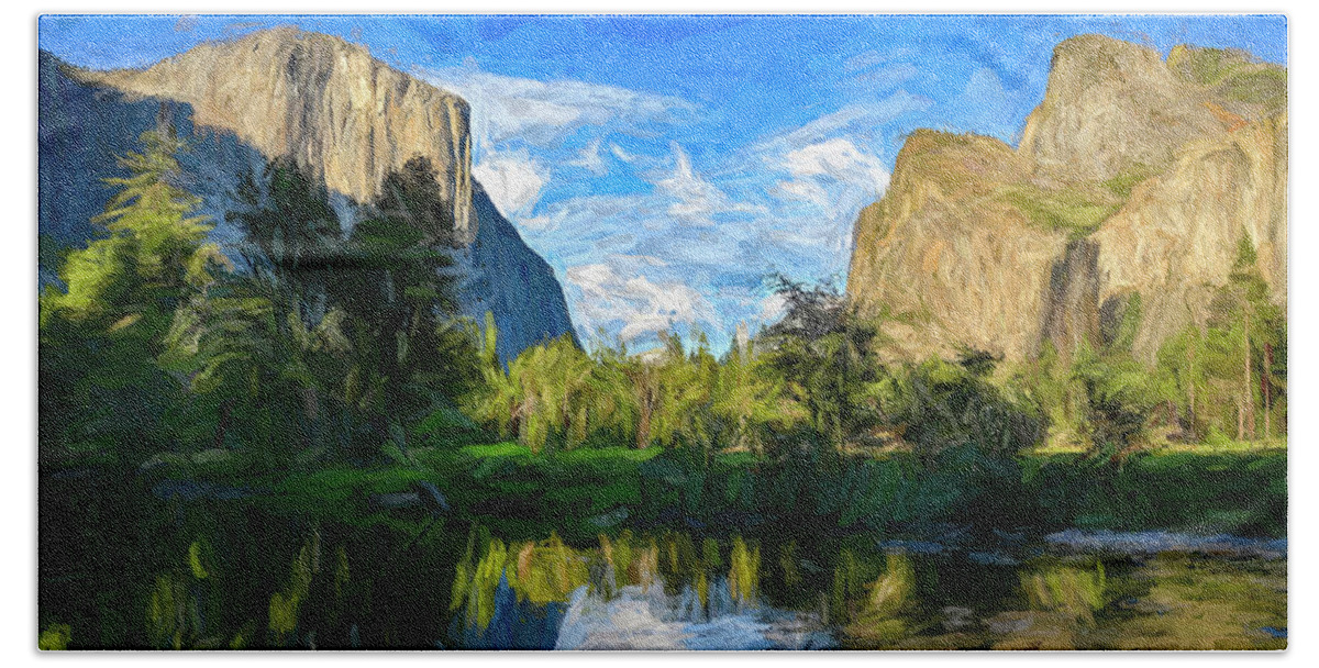 Yosemite Valley Hand Towel featuring the digital art Calmness At Yosemite Valley - Digital Painting by Joseph S Giacalone