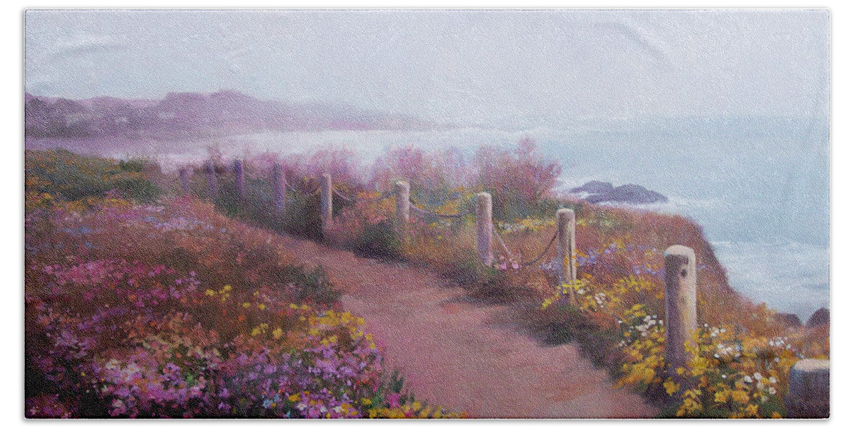Landscape Hand Towel featuring the painting Cambria Shoreline Walkway by Carolyne Hawley