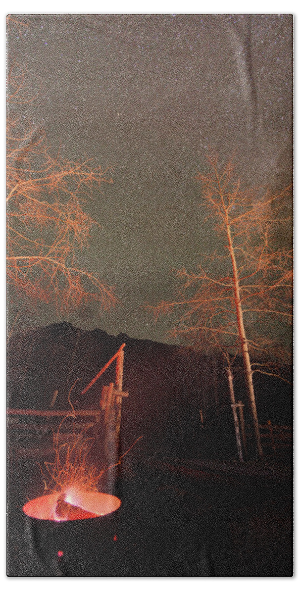 Nightscape Hand Towel featuring the photograph Campfire Under the Stars by Ivan Franklin