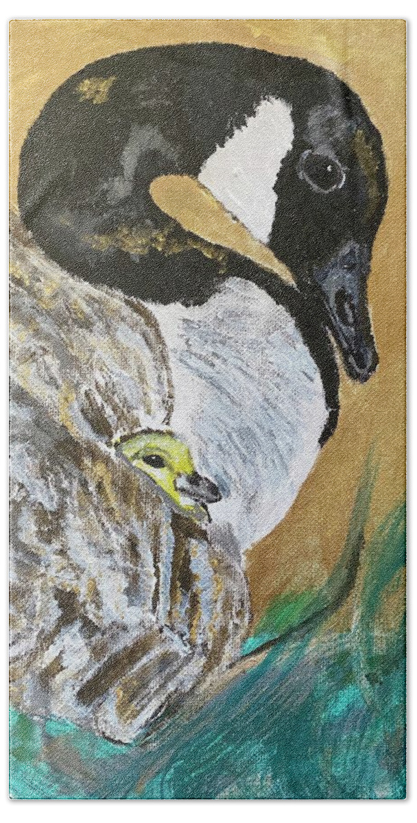 Goose Hand Towel featuring the painting Canada Goose and Gosling by Melody Fowler