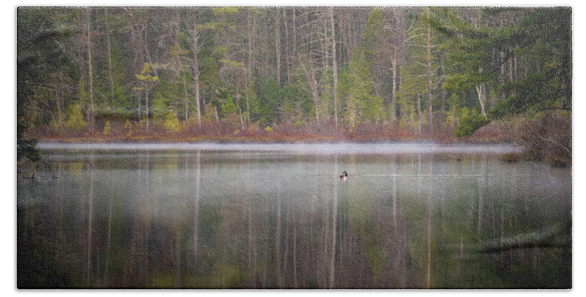 Nature Bath Towel featuring the photograph Canada Goose on a Misty Swift River Morning by William Dickman