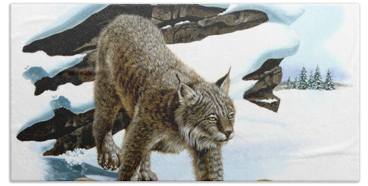 Wildlife Bath Towel featuring the painting Canada Lynx and Red Oak by Don Balke
