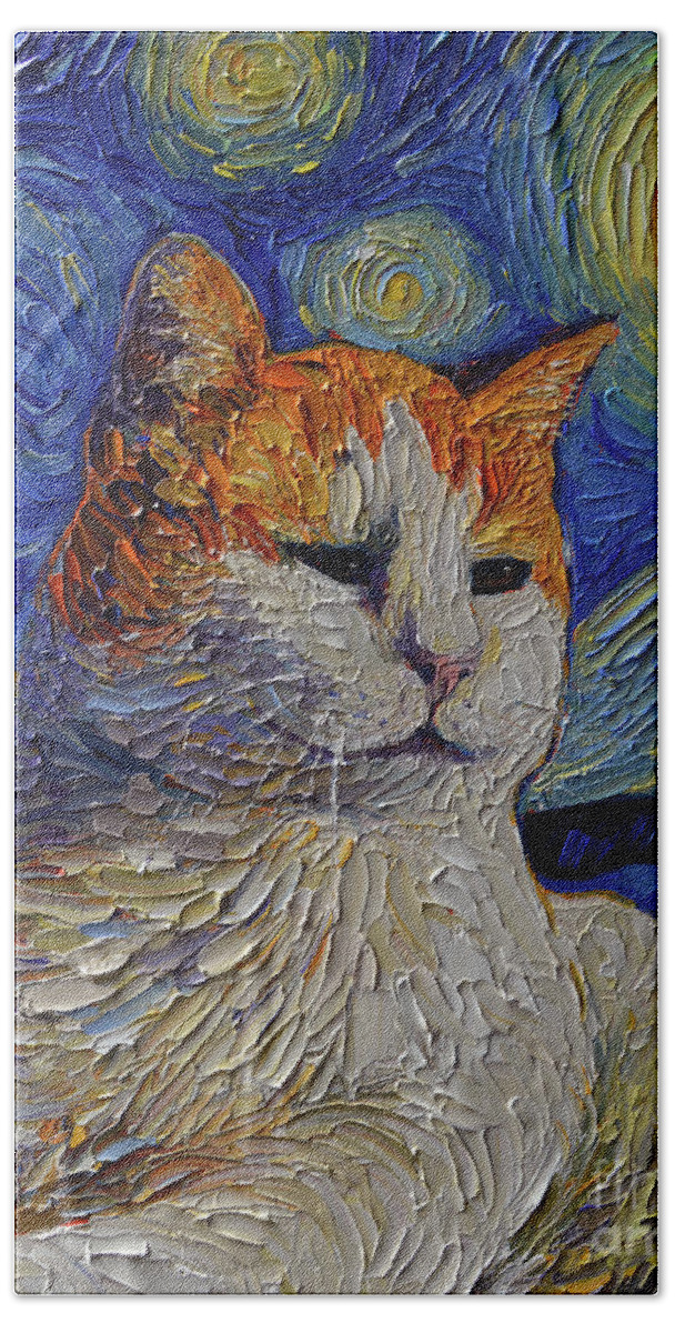 Cat Portrait Hand Towel featuring the painting CANDY CAT PORTRAIT WITH VAN GOGH STARRY NIGHT SKY textured palette knife oil painting by Mona Edulesco