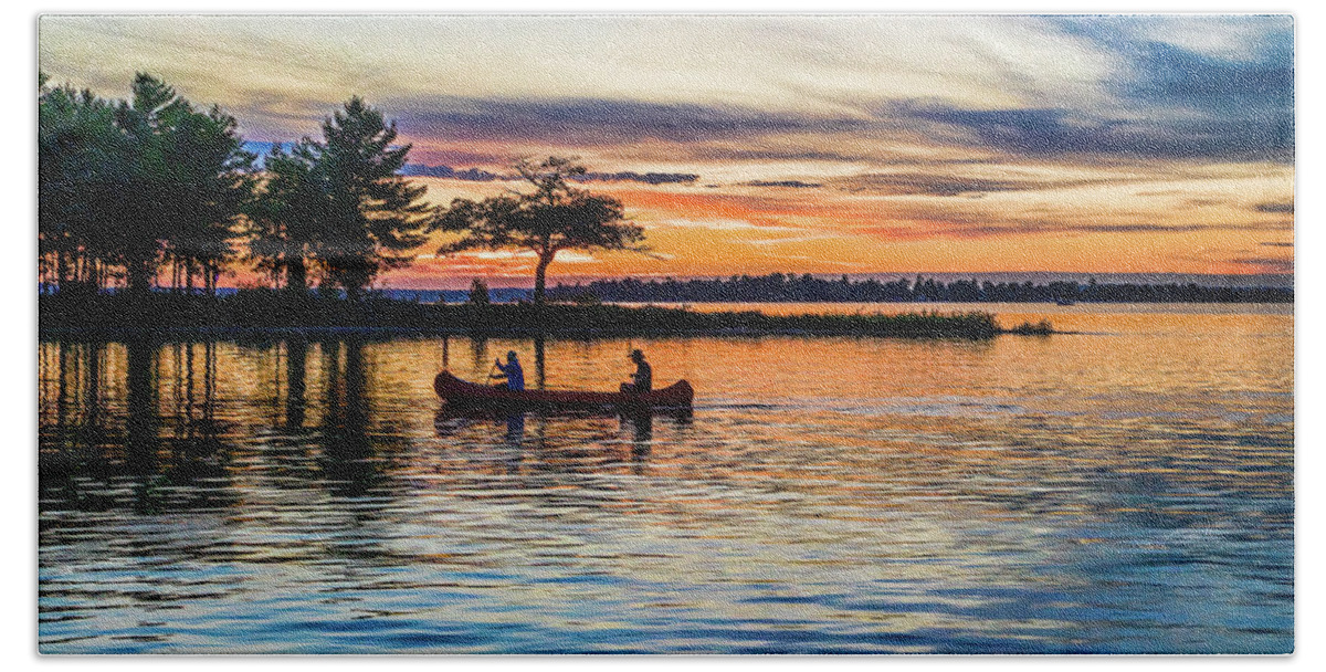 Higgins Lake Hand Towel featuring the photograph Canoe at Sunset by Joe Holley