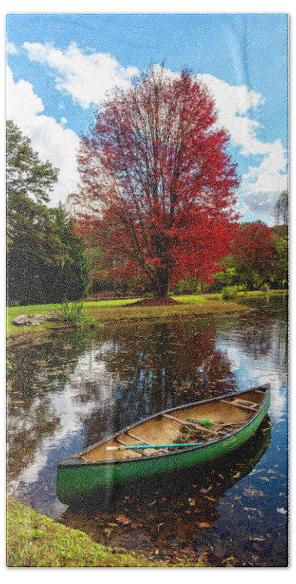 Boats Bath Towel featuring the photograph Canoe at the Red Maple Tree by Debra and Dave Vanderlaan