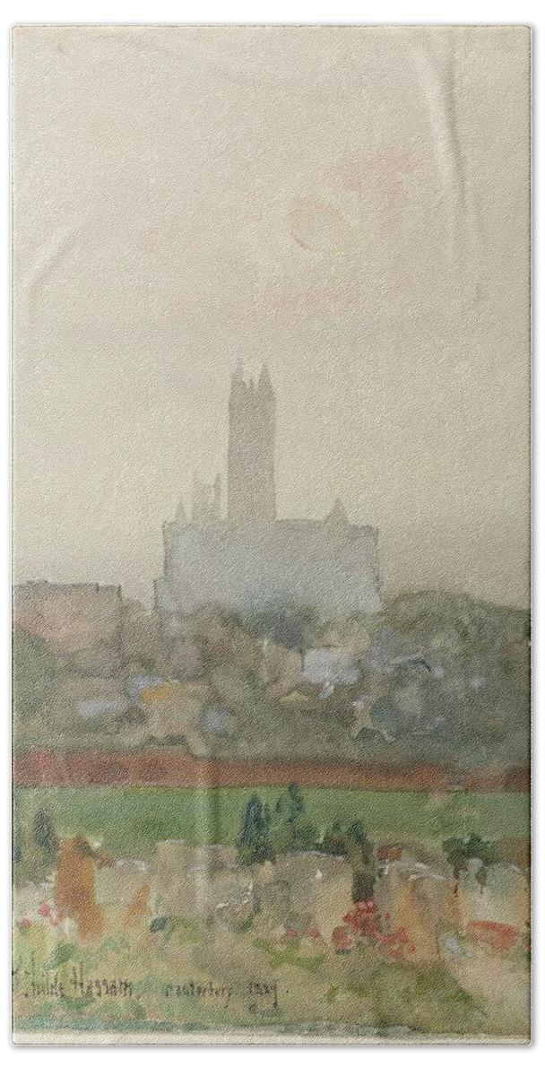 Canterbury Cathedral 1889 Childe Hassam Sketch Bath Towel featuring the painting Canterbury Cathedral 1889 Childe Hassam by MotionAge Designs