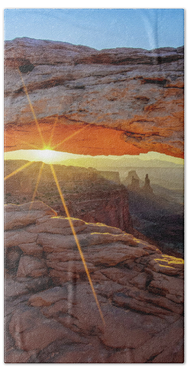 American Landscape Hand Towel featuring the photograph Canyonlands National Park Mesa Arch Colorful Sunrise by Gregory Ballos