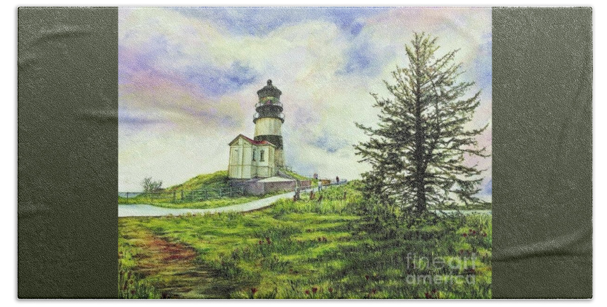 Cynthia Pride Watercolor Paintings Bath Towel featuring the painting Cape Disappointment Lighthouse on the Washington Coast by Cynthia Pride