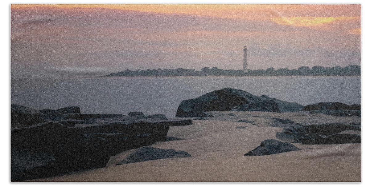 Lighthouse Bath Towel featuring the photograph Cape May Lighthouse Beach Sunset by Jason Fink