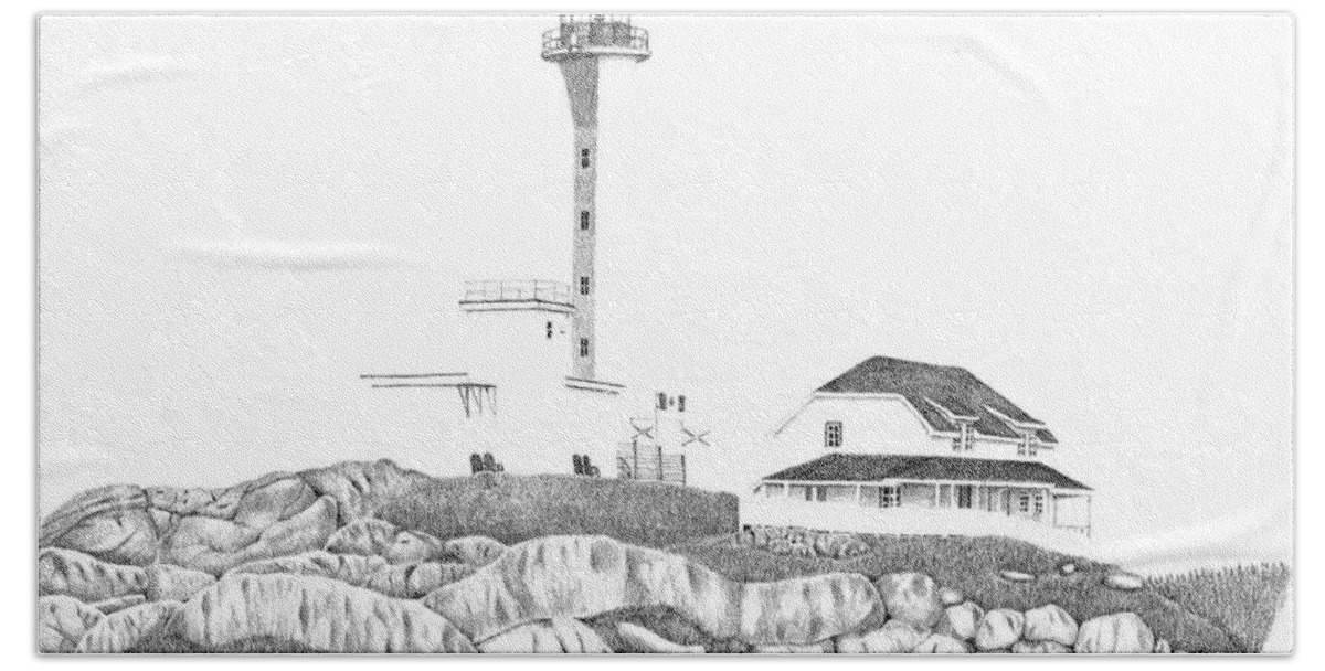 Lighthouse Hand Towel featuring the drawing Capr Forchu Lighthouse by Patricia Hiltz