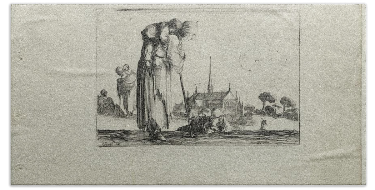 Antique Bath Towel featuring the painting Caprices Standing Beggar Woman Carrying a Child on her Back c. 1642 Stefano Della Bella by MotionAge Designs