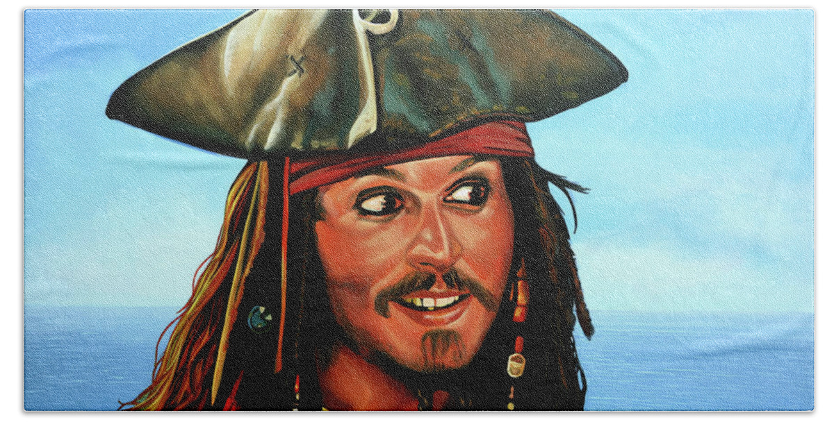 Johnny Depp Hand Towel featuring the painting Captain Jack Sparrow Painting by Paul Meijering