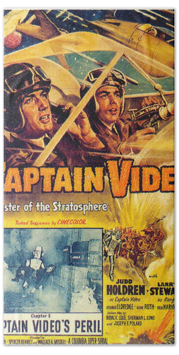 Captain Hand Towel featuring the mixed media ''Captain Video'' movie poster 1951 by Movie World Posters