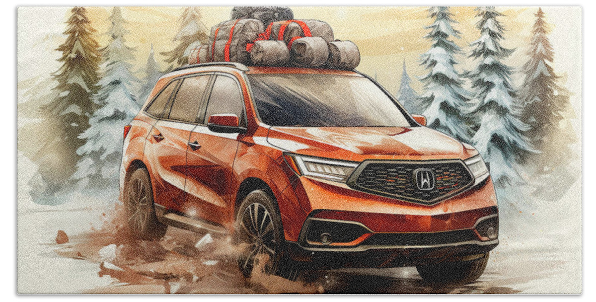 Vehicles Hand Towel featuring the painting Car 505 Vehicles Acura MDX vintage with a Christmas tree and some Christmas gifts by Clark Leffler