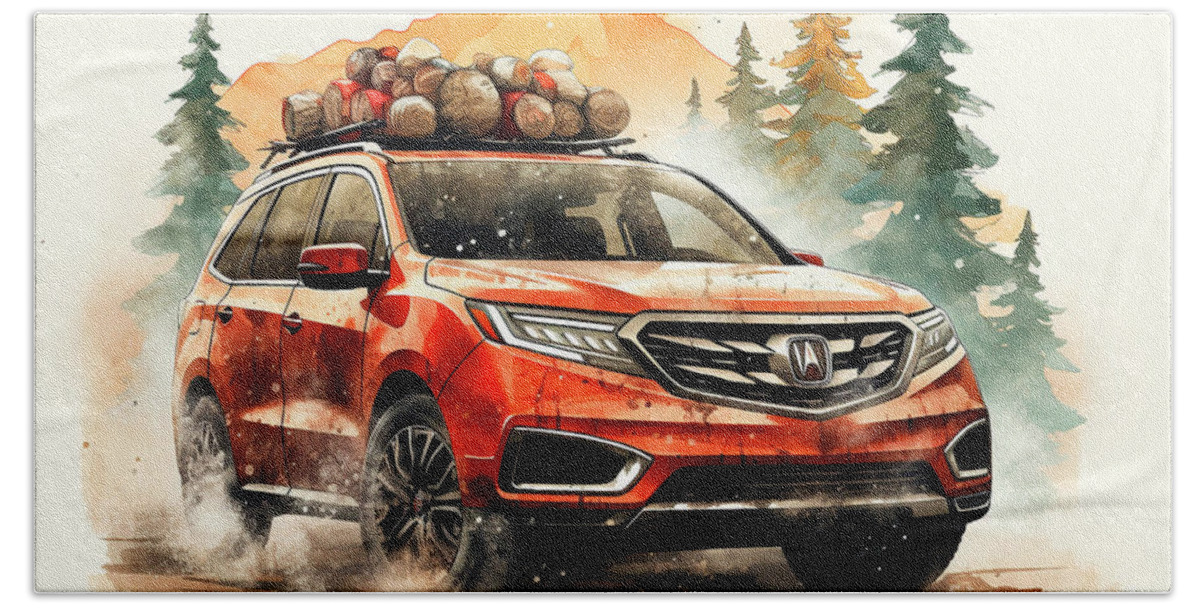 Vehicles Hand Towel featuring the painting Car 508 Vehicles Acura MDX vintage with a Christmas tree and some Christmas gifts by Clark Leffler