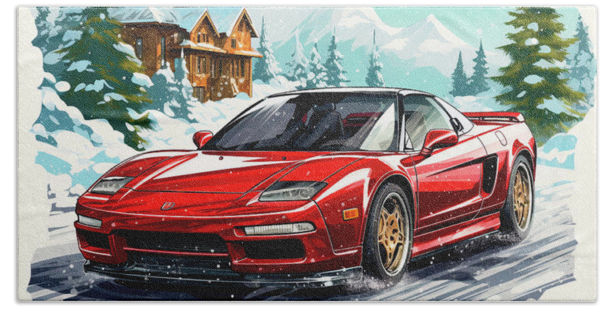 Vehicles Hand Towel featuring the painting Car 510 Vehicles Acura NSX vintage with a Christmas tree and some Christmas gifts by Clark Leffler