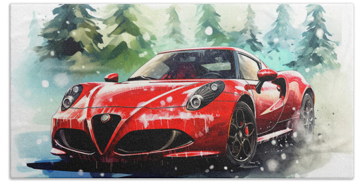 Vehicles Hand Towel featuring the painting Car 518 Vehicles Alfa Romeo 4C vintage with a Christmas tree and some Christmas gifts by Clark Leffler