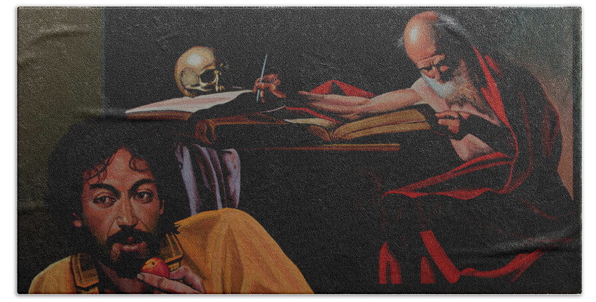 Caravaggio Having A Break Hand Towel featuring the painting Caravaggio Having A Break by Paul Meijering