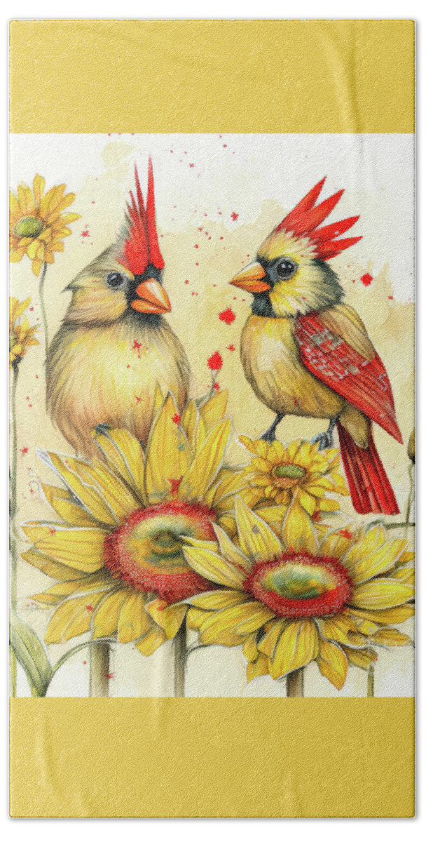 Northern Cardinal Hand Towel featuring the painting Cardinal Girl Friends by Tina LeCour