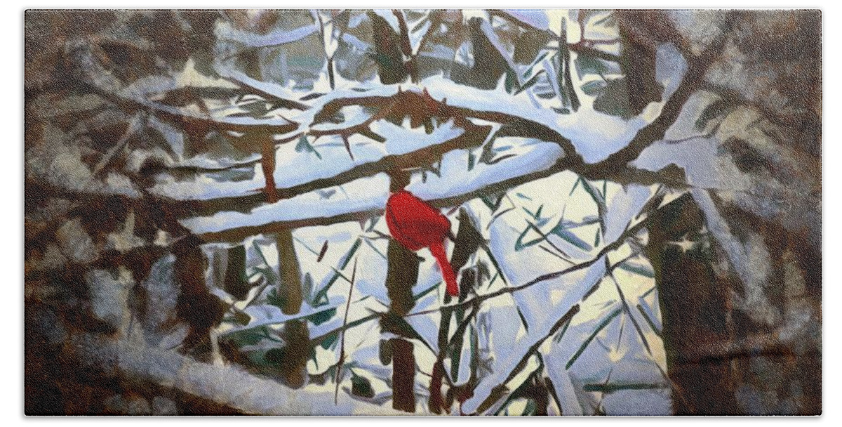 Cardinal Bath Towel featuring the mixed media Cardinal in the Snowy Trees by Christopher Reed