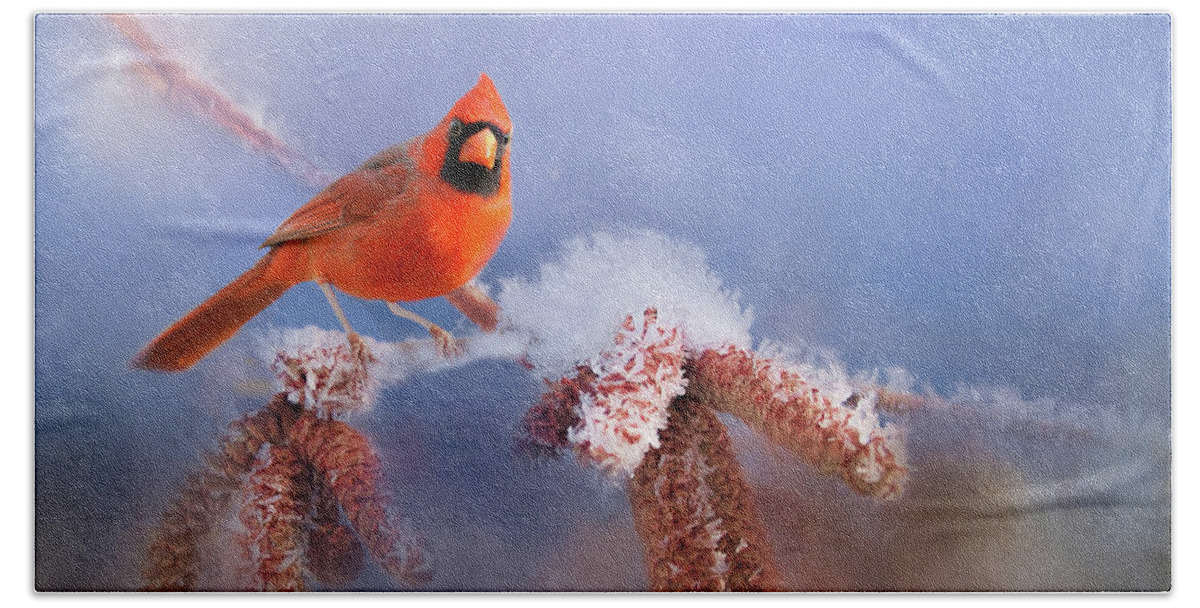 Cardiinal Bath Towel featuring the mixed media Red Male Cardinal On Snow Branch by Billy Grimes