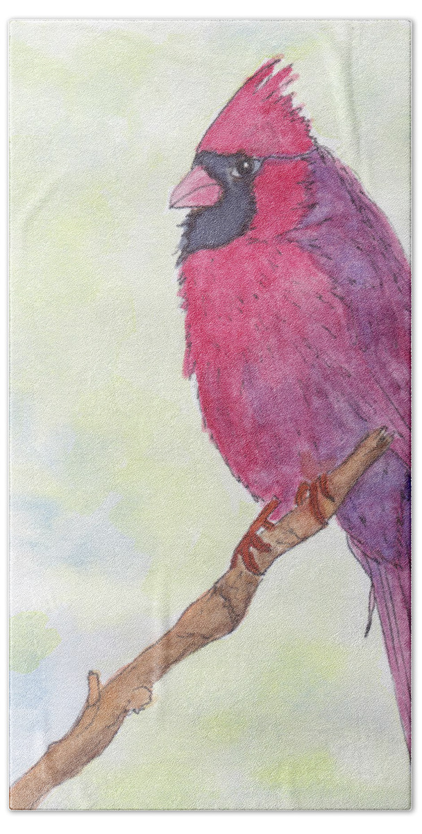 Birds Bath Towel featuring the painting Cardinal Visiting by Anne Katzeff