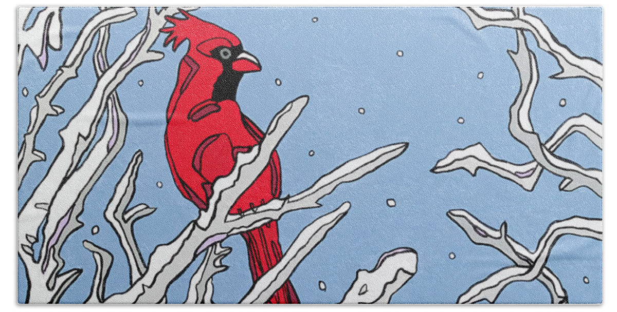 Cardinal Winter Branches Bird Bath Towel featuring the painting Cardinal Winter by Mike Stanko