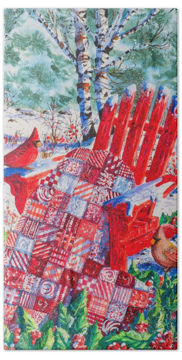 Winter Scene Of Two Cardinals With A Holiday Quilt Of Red And A Matching Red Adirondack Chair. Bath Towel featuring the painting Cardinals and Holiday Patchwork by Diane Phalen