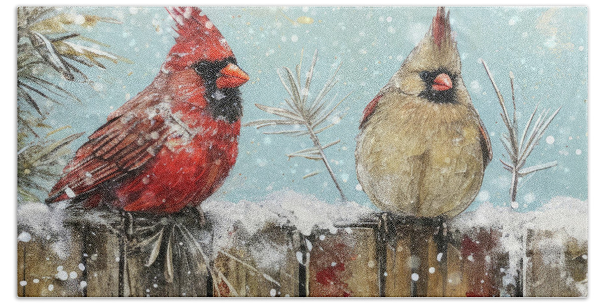 Northern Cardinals Bath Towel featuring the painting Cardinals In The Snow by Tina LeCour