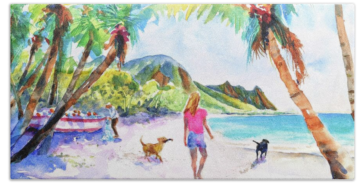 Beach Bath Towel featuring the painting Carefree Beach Dogs and Girl by Carlin Blahnik CarlinArtWatercolor