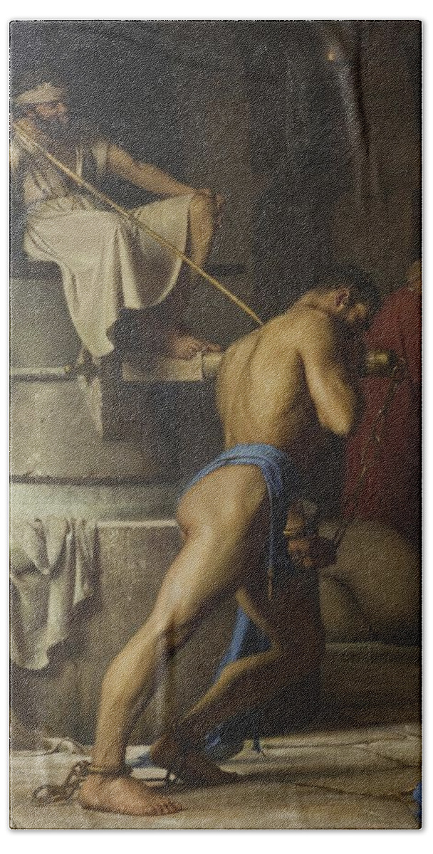  Bath Towel featuring the painting Carl Bloch - Samson and the Philistines by Les Classics