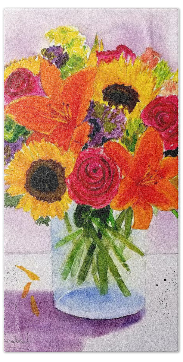 Daylilies Bath Towel featuring the painting Carols Vase by Ann Frederick