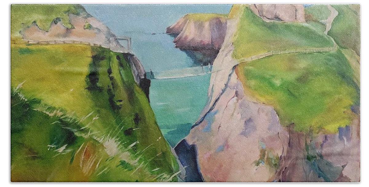 Landscape Bath Towel featuring the painting Carrick-a-Rede Rope Bridge by Sheila Romard
