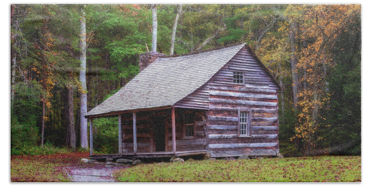 Smoky Mountains Bath Towel featuring the photograph Carter Shields Cabin in Autumn - Smoky Mountains by Susan Rissi Tregoning