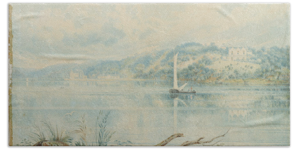 Nature Bath Towel featuring the painting Carthona and Lindesay, Darling Point, from Clark Island, ca. 1844 by MotionAge Designs