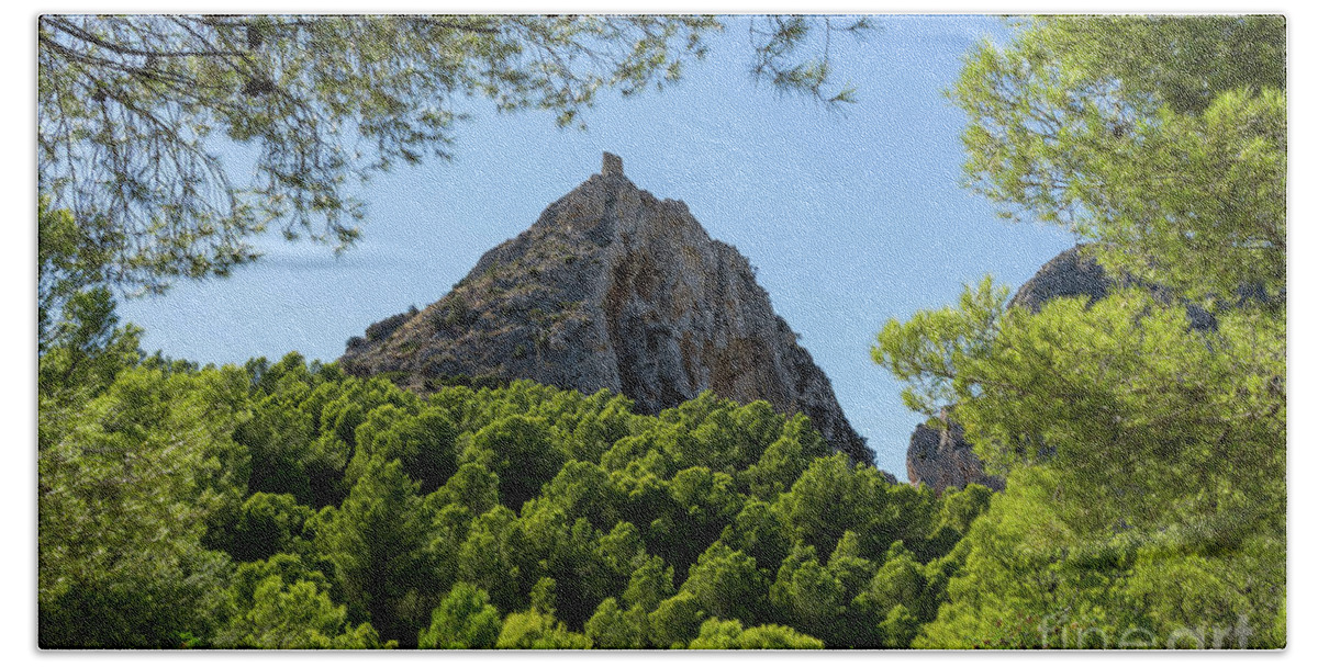 Mountain Landscape Bath Towel featuring the photograph Castellet de Calp and pine forest by Adriana Mueller