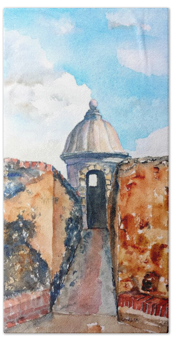 Puerto Rico Bath Towel featuring the painting Castillo de San Cristobal Sentry Door by Carlin Blahnik CarlinArtWatercolor