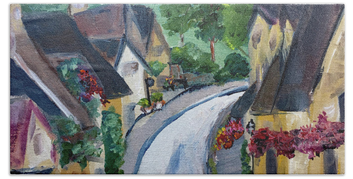 Castle Combe Bath Towel featuring the painting Castle Combe view from Town Square by Roxy Rich