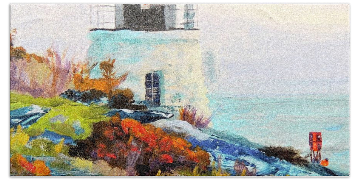 Castle Hill Lighthouse Newport Ri Bath Towel featuring the painting Castle Hill Lighthouse Newport RI by Patty Kay Hall