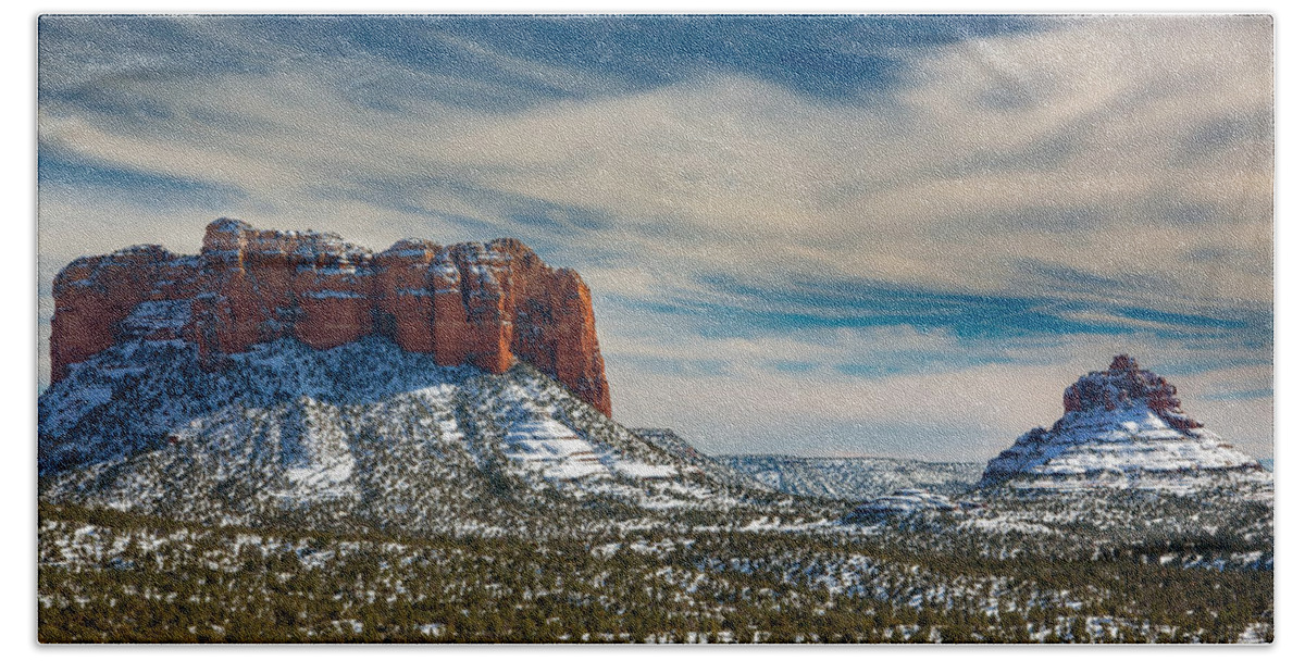 Castle Rock Bell Sedona Fstop101 Landscape Arizona Red Hand Towel featuring the photograph Castle Rock and Bell Rock by Geno