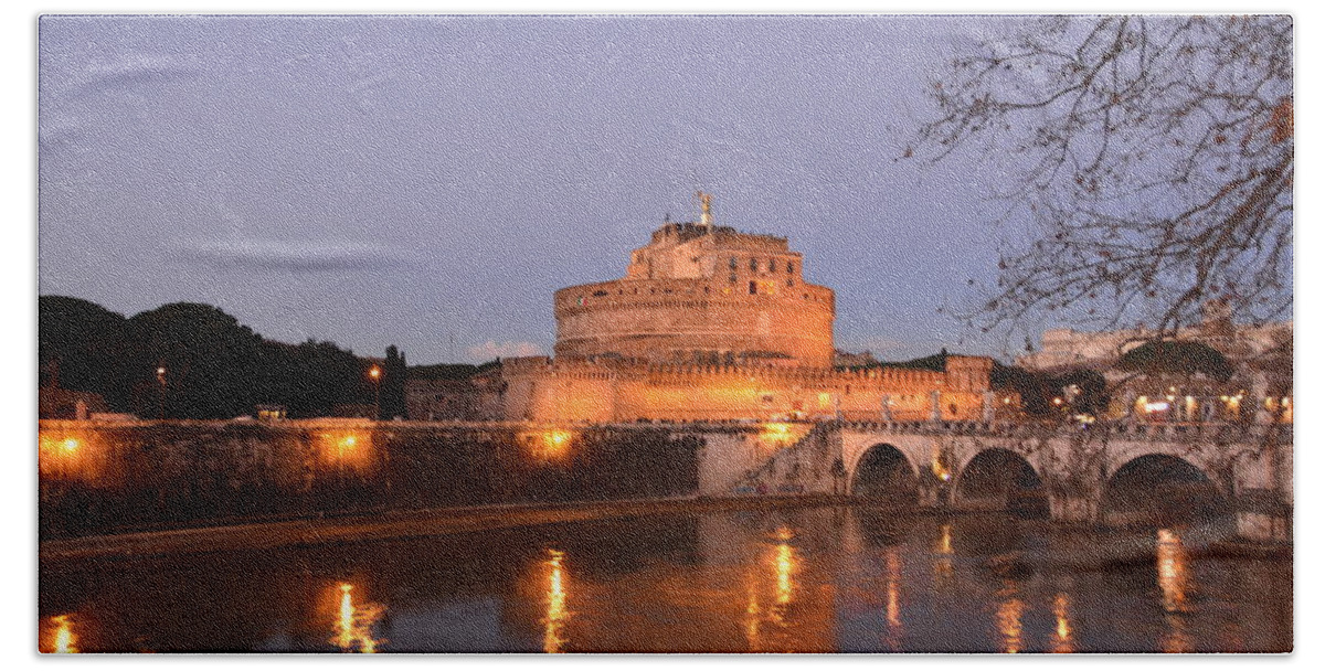 Castle Sant' Angelo Castle Of The Angels Hand Towel featuring the photograph Castle Sant' Angelo, Roma at Night by Regina Muscarella