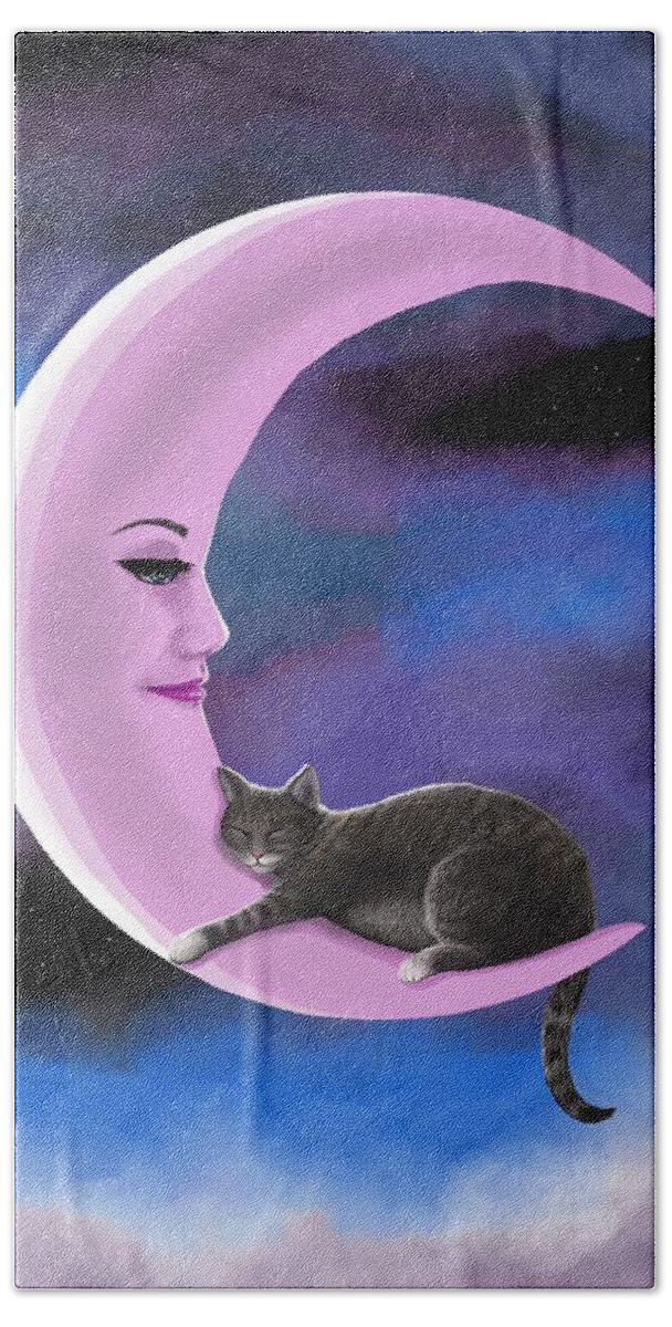 Cat Hand Towel featuring the digital art Cat 661 Pink Moon by Lucie Dumas