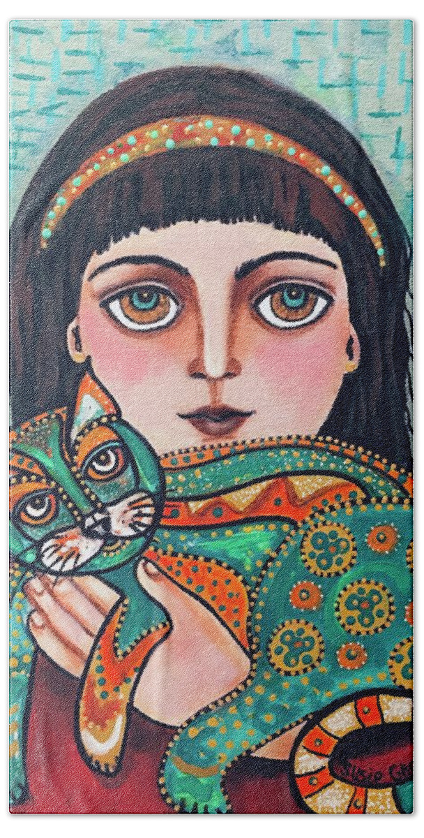 Cat Hand Gold Green Girl With Black Bangs Bath Towel featuring the painting Cat In Hand by Susie Grossman